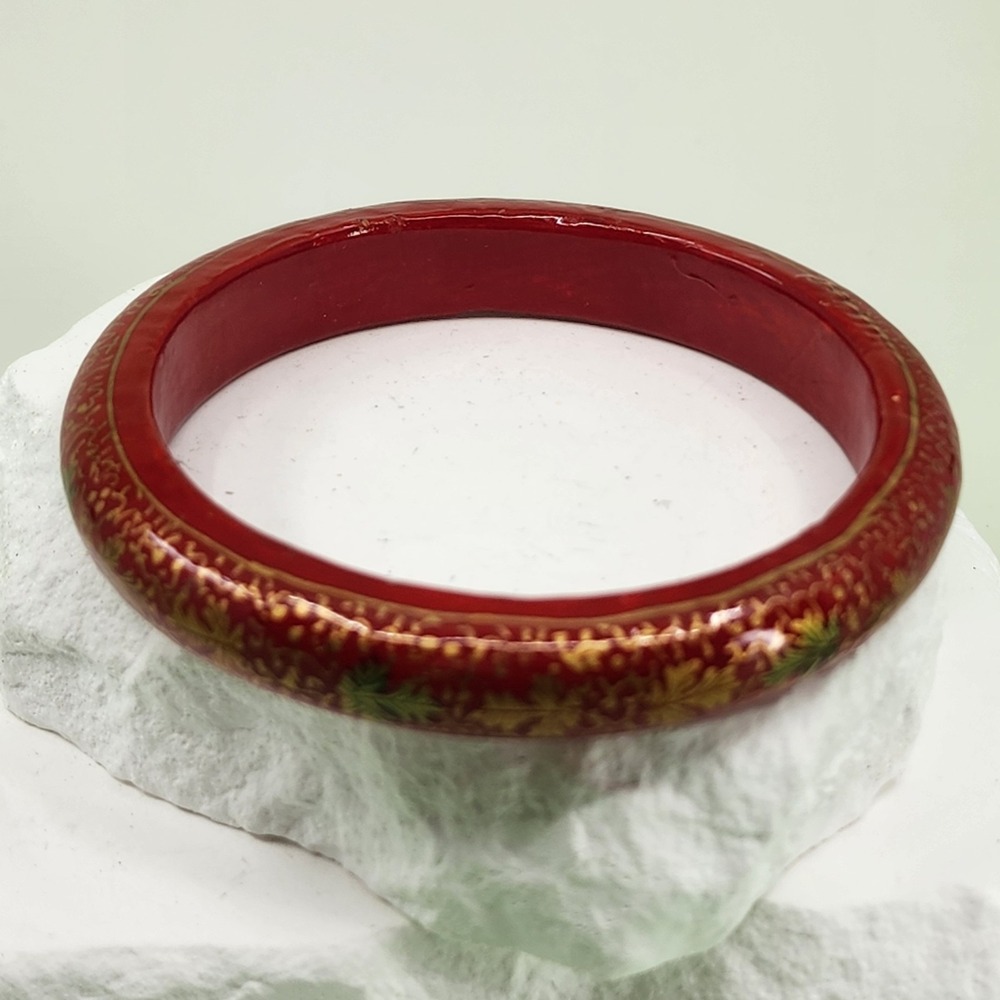 Red Floral Bangle Bracelet Gold Tone Leaf Motif Vintage Statement Jewelry Gift